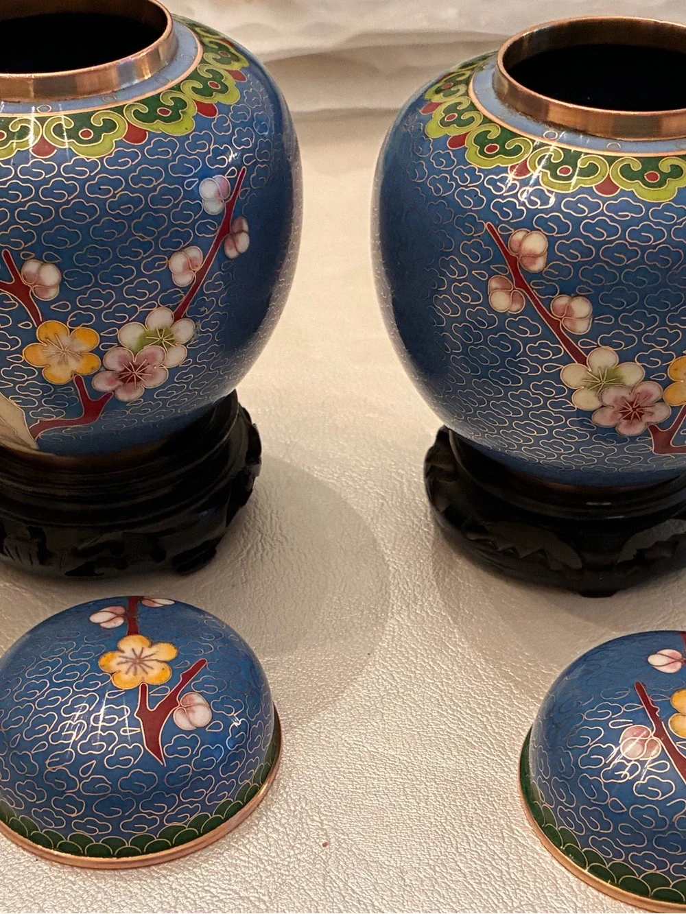 Pair Of Vintage Chinese Cloisonné Lidded Ginger Jars, Floral Motif, 4 1/2” T